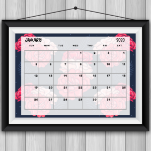 Blue and Peach Flower Printable Calendar 2020