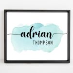 Personalized Name Blue Watercolor Printable Nursery Wall Art for Baby Boys