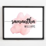 Personalized Name Pink Watercolor Printable Nursery Wall Art for Baby Girls