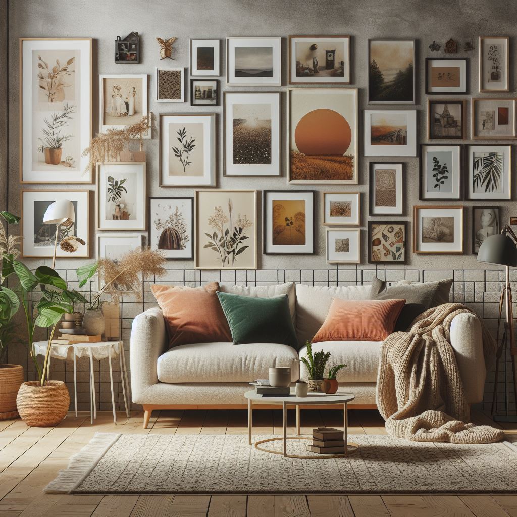 a gallery wall in a living room