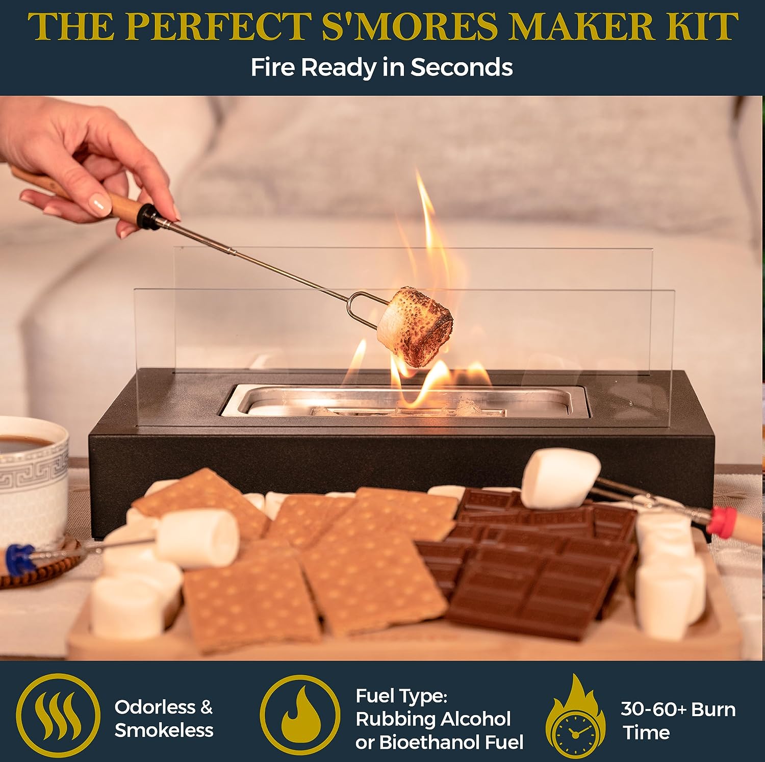 ROZATO Tabletop Fire Pit with Smores Maker Kit Portable Indoor/Outdoor Mini Small Fireplace Bowl Table Top Decor Home Patio Balcony Backyard Gifts for Women Mom Her Wedding Housewarming Birthday Gift