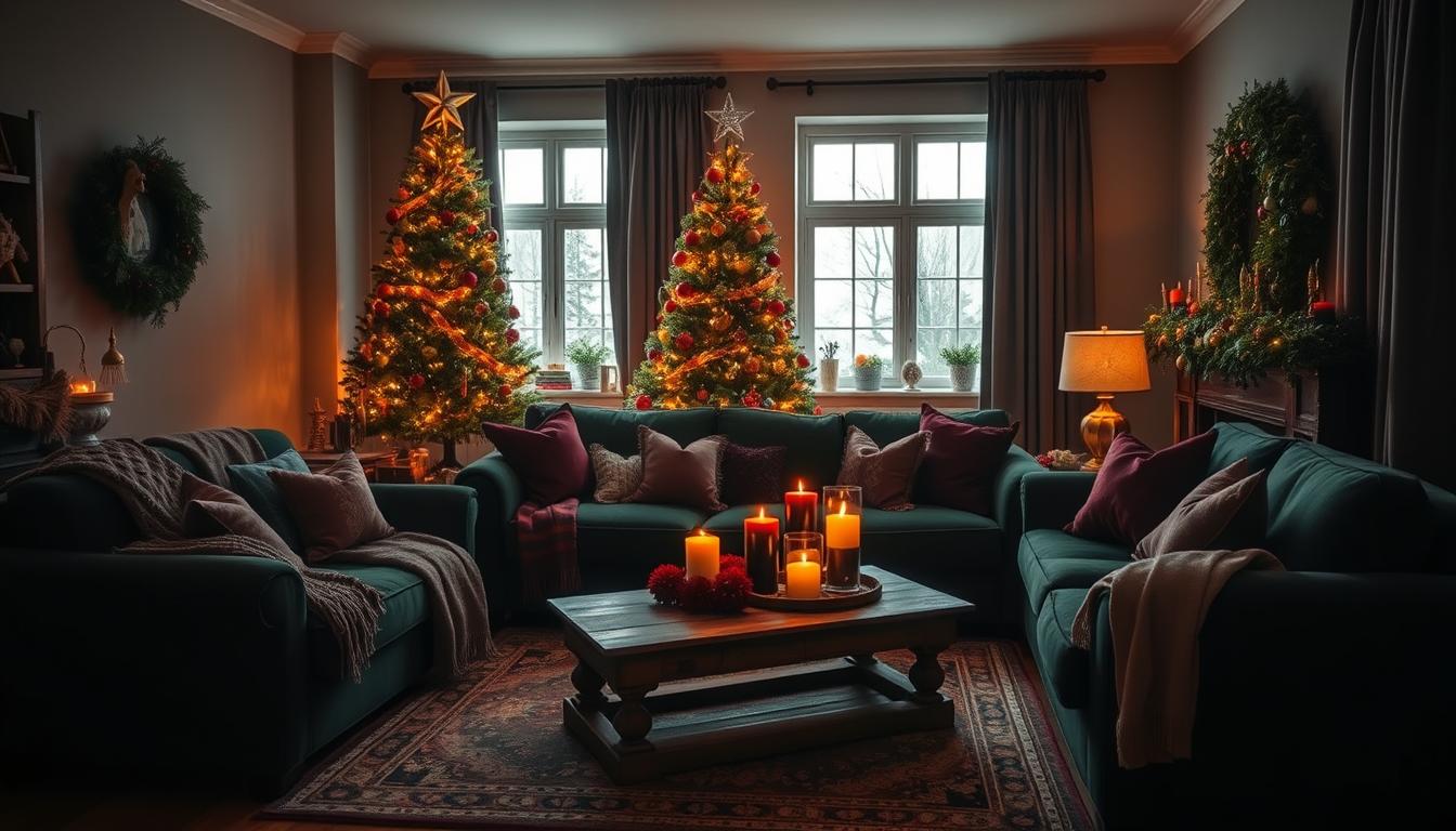 Cozy Rustic Christmas Living Room with Moody Tones