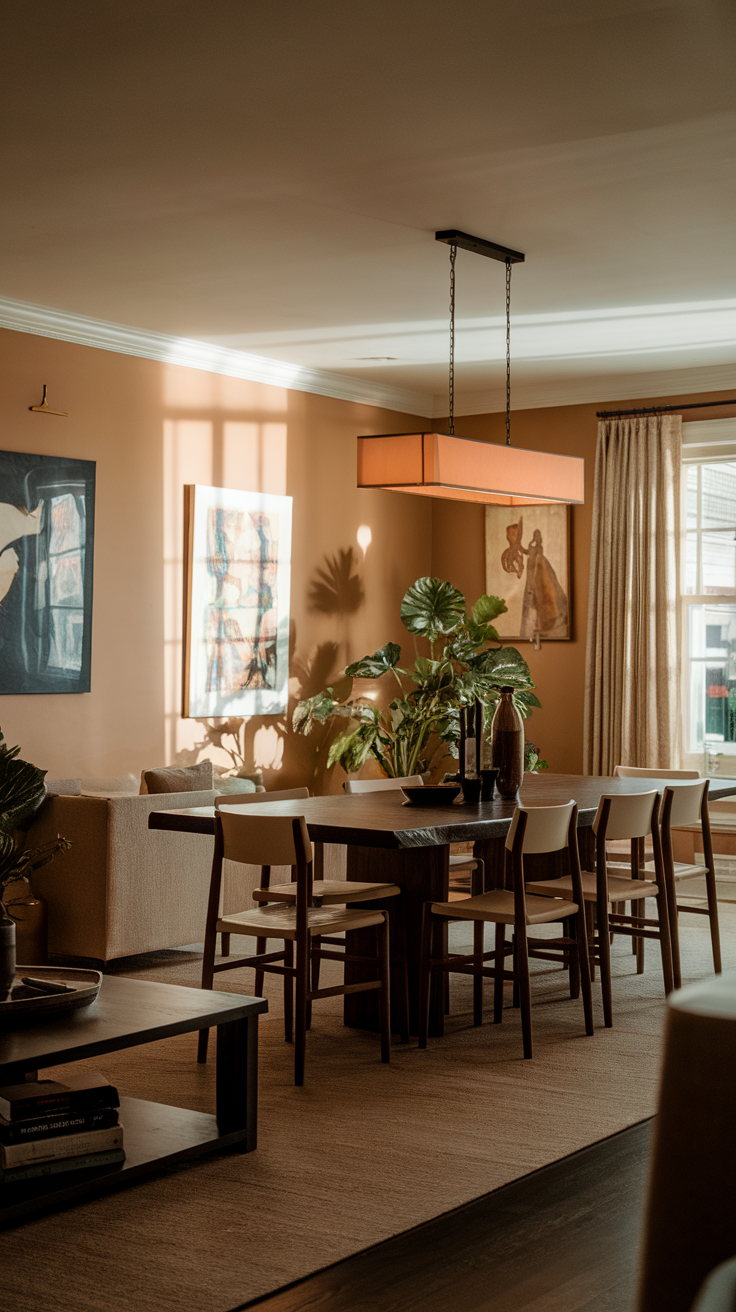 A well-lit dining area featuring a modern pendant light, plants, and artwork on the walls.