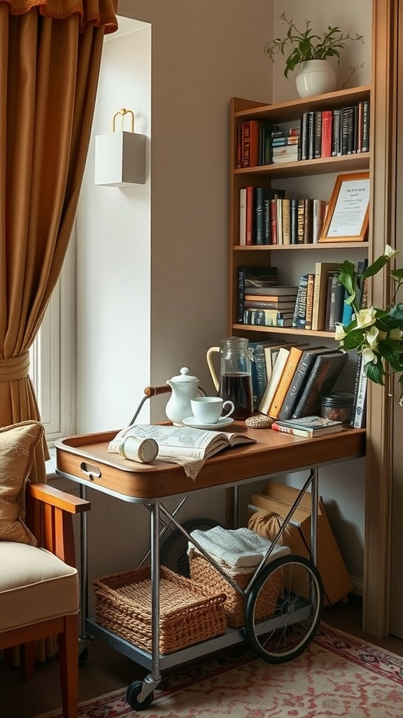 A cozy beverage station with a cart featuring a coffee pot, mugs, jars, and a plant near a window.