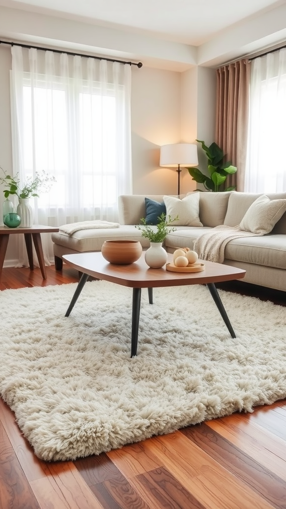 Cozy living room with a fluffy area rug and modern furniture.