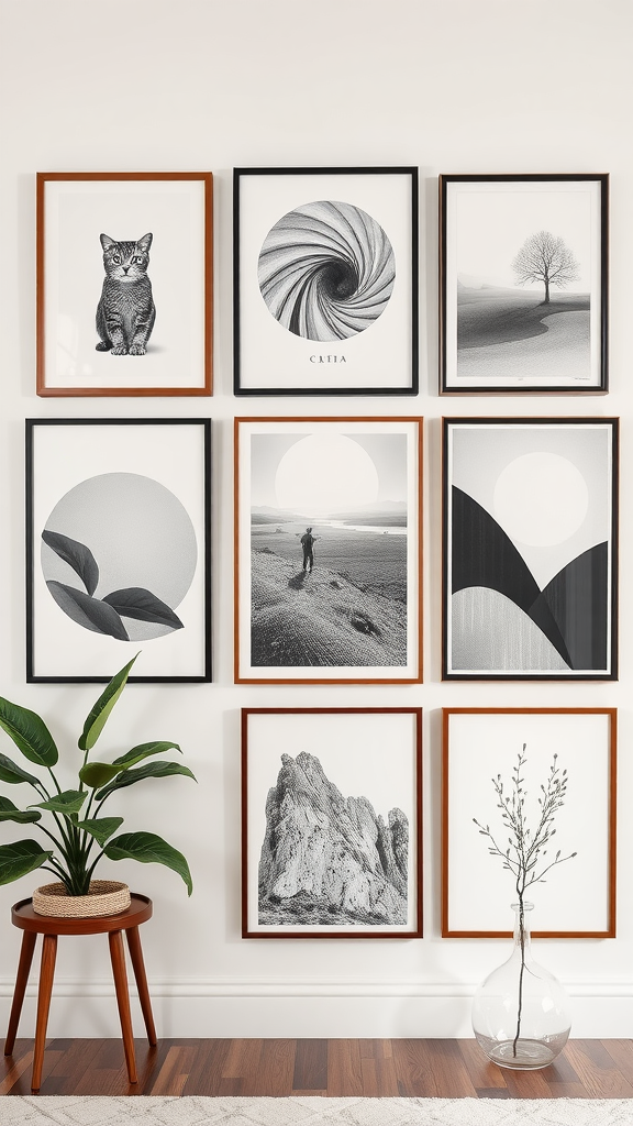 A selection of framed art prints featuring various designs, including a cat, abstract patterns, and nature scenes.