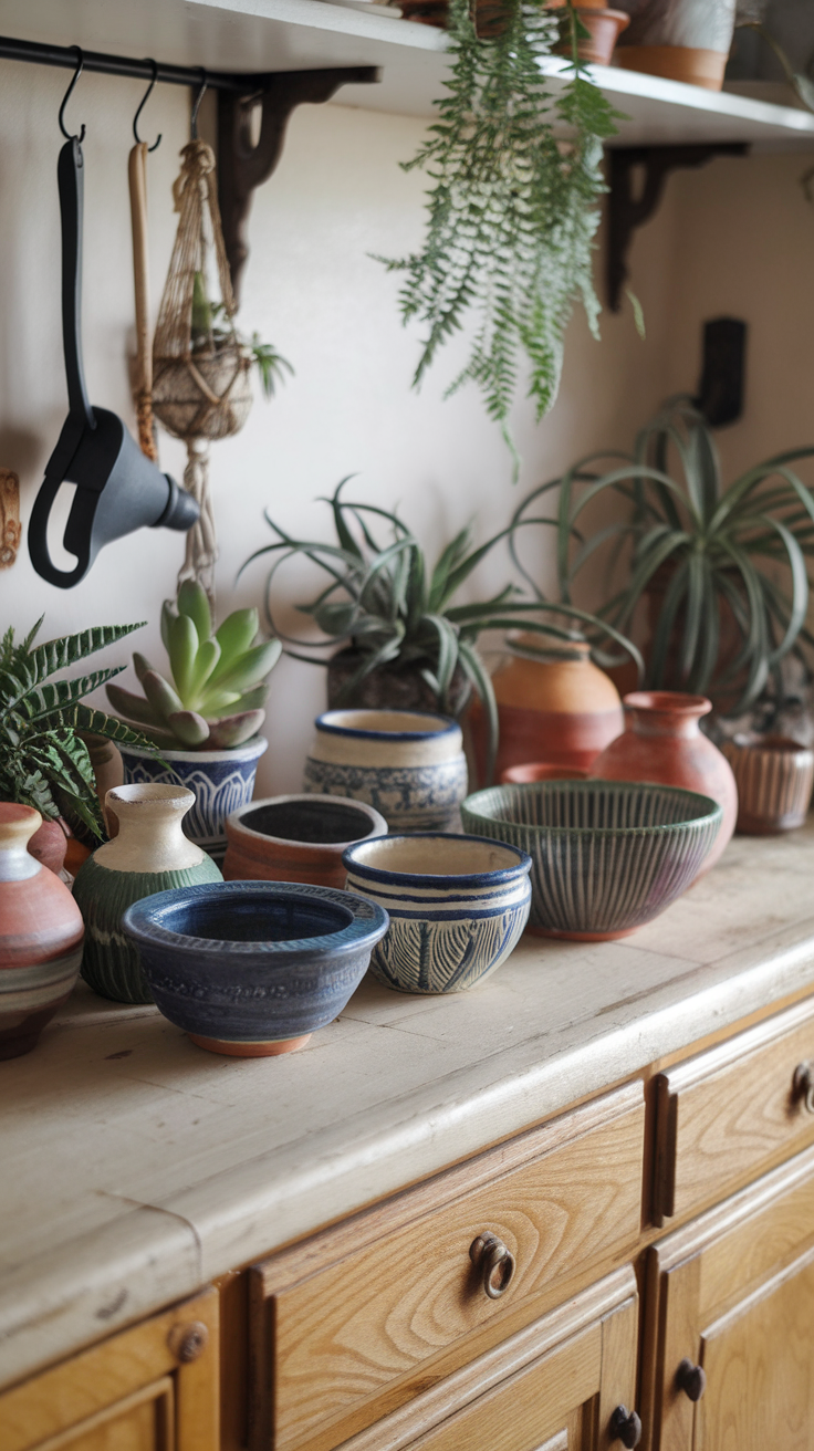 A variety of artisan pottery pieces displayed on a wooden countertop, surrounded by plants.