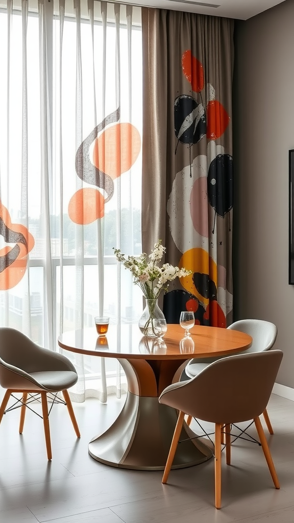 A cozy dining area featuring a round wooden table with modern chairs, adorned with vibrant abstract patterned curtains.