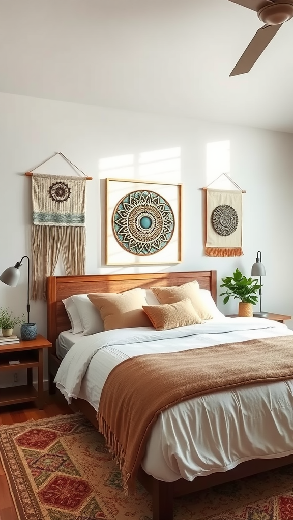 A cozy bedroom featuring artistic wall hangings, including a woven tapestry and framed artwork.