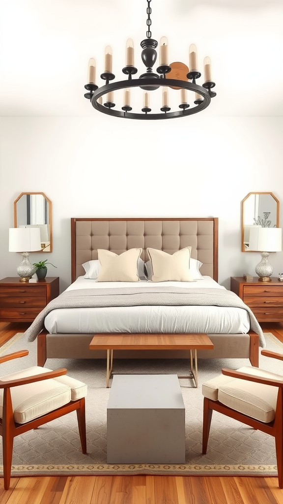 A beautifully designed bedroom with a symmetrical layout featuring a bed, nightstands, and a chandelier.