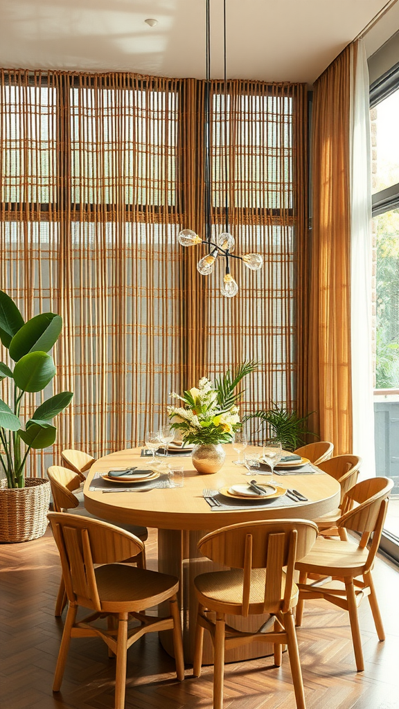 A cozy dining area with bamboo accents and natural materials.