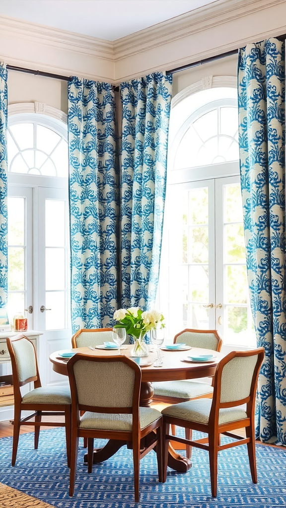 A dining area featuring blue and white curtains, a round wooden table, and matched chairs.