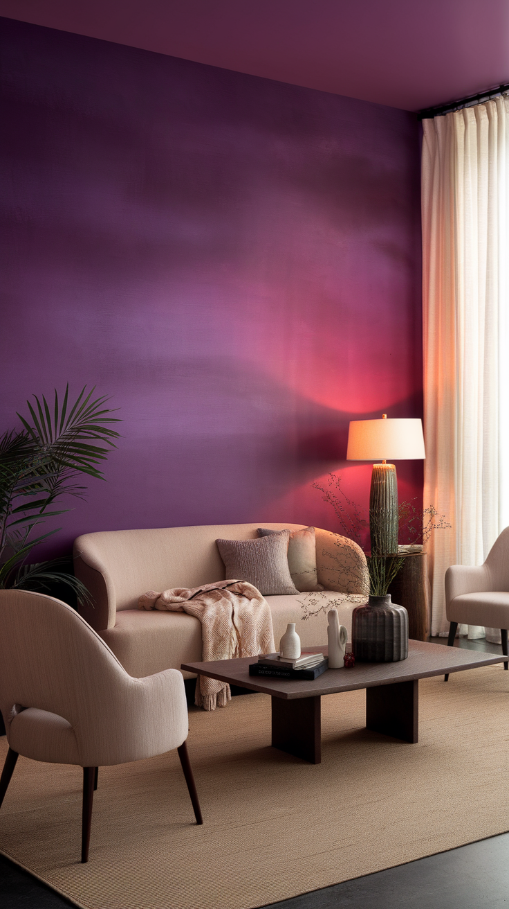 Living room with a bold purple accent wall and stylish decor.