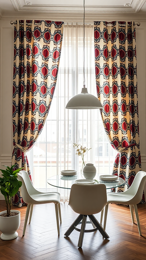 A dining area featuring bold geometric patterned curtains, a round black table with place settings, and stylish chairs.