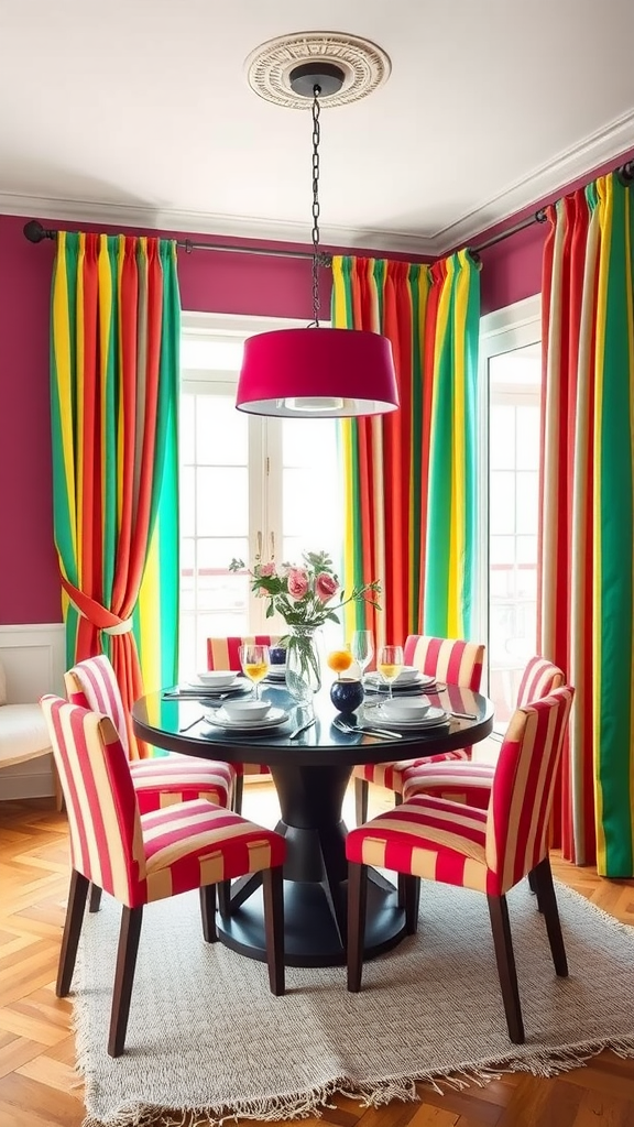 A dining area with bold striped patterns on chairs and curtains, featuring a round table set for a meal.