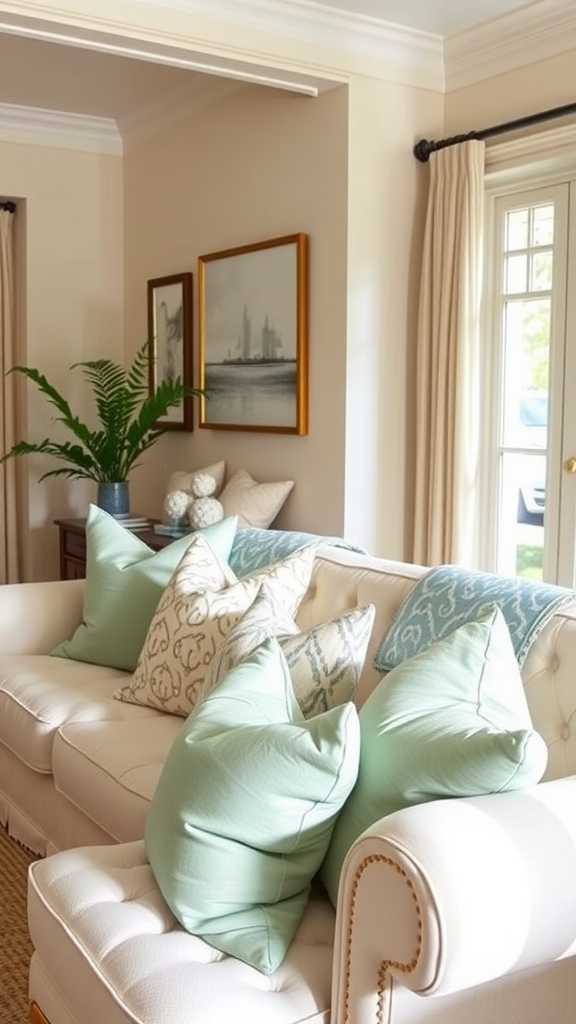 Living room with sage green pillows on white sofas, featuring a bright and inviting decor.