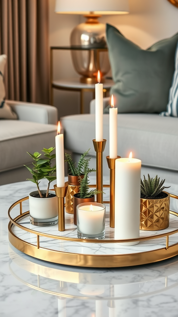 A beautifully arranged decorative tray with candles and small plants.