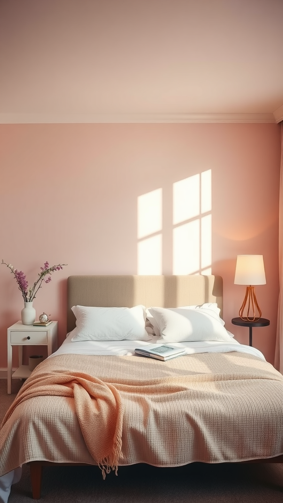 A calm bedroom with soft pink walls, a cozy bed, and a simple art piece.