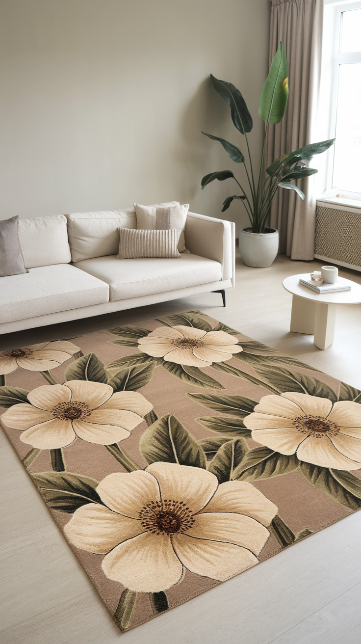 Chic area rug with floral design in a modern living room setting