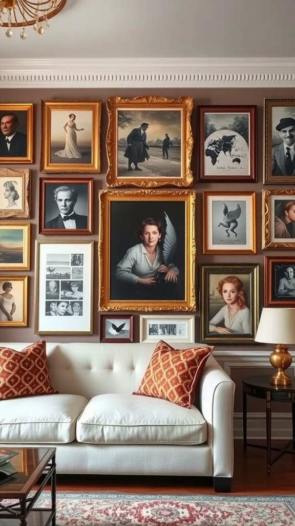 A stylish gallery wall filled with various portraits and artworks, complemented by a cozy sofa.