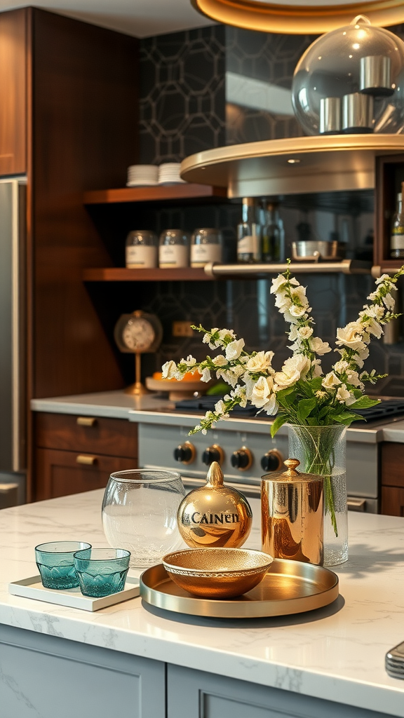 Stylish kitchen accessories featuring golden decor and elegant glass containers on a marble countertop.