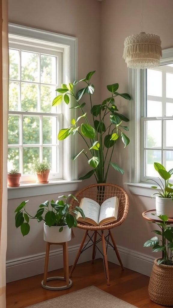 A cozy nook with plants and a comfortable chair by a window.