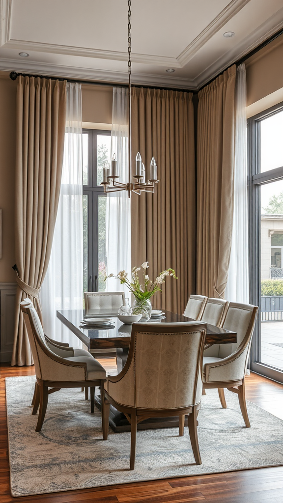 A beautifully arranged dining area with neutral tones, featuring a wooden table, elegant chairs, and soft curtains.