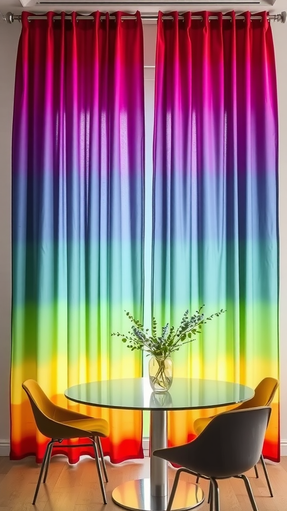 Colorful ombre curtains in shades of red, blue, green, and yellow.