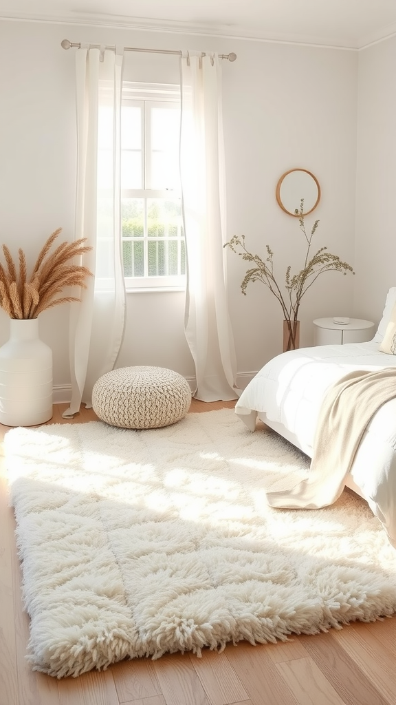 A cozy room featuring a fluffy cream area rug, a pouf, and natural decor elements.