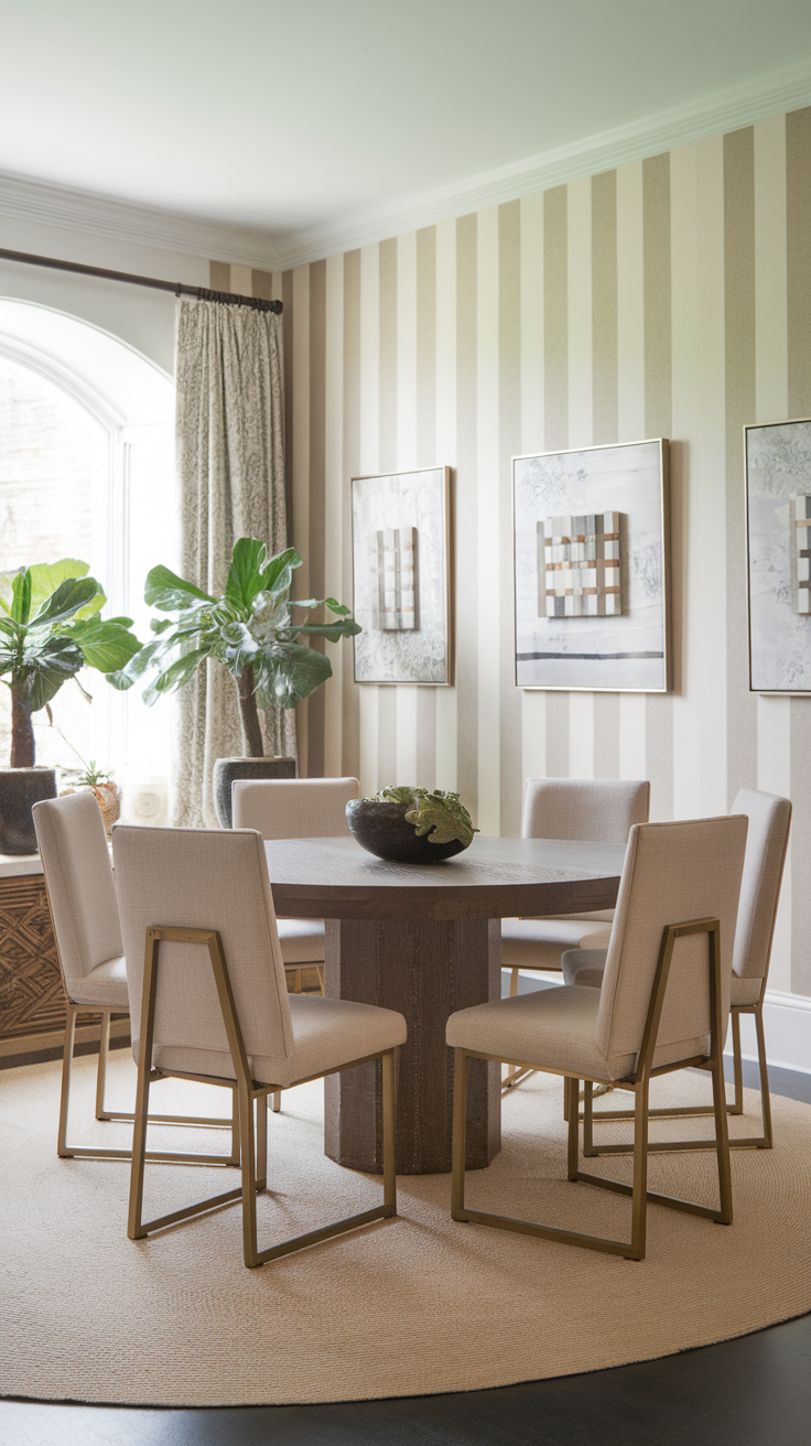 A dining area featuring striped walls, a round table, and modern chairs.