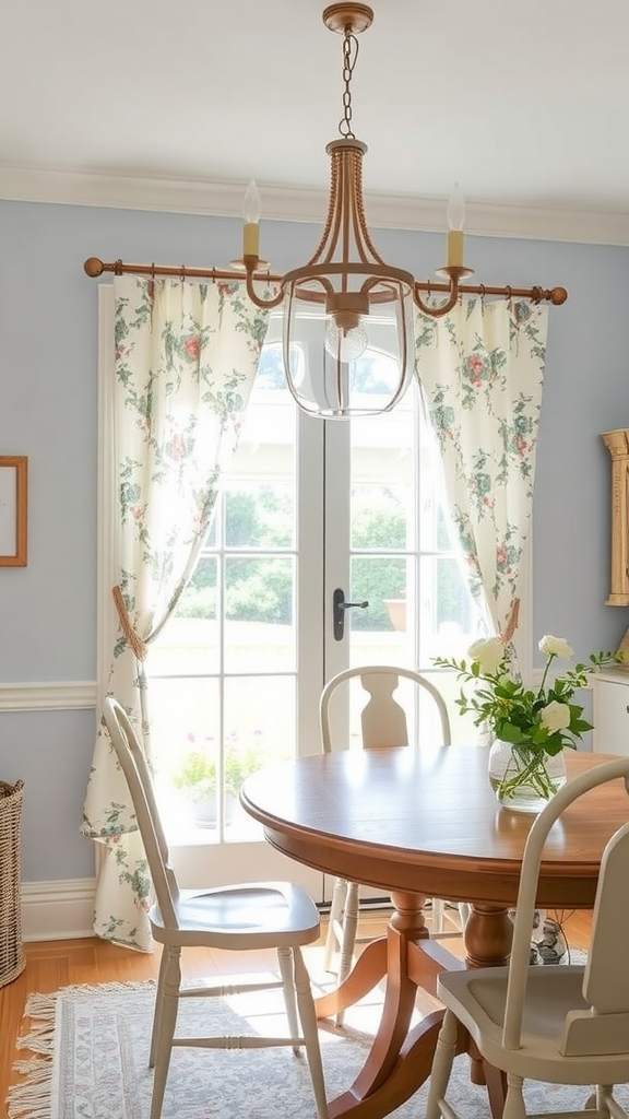 A cozy dining area with floral curtains and a wooden table