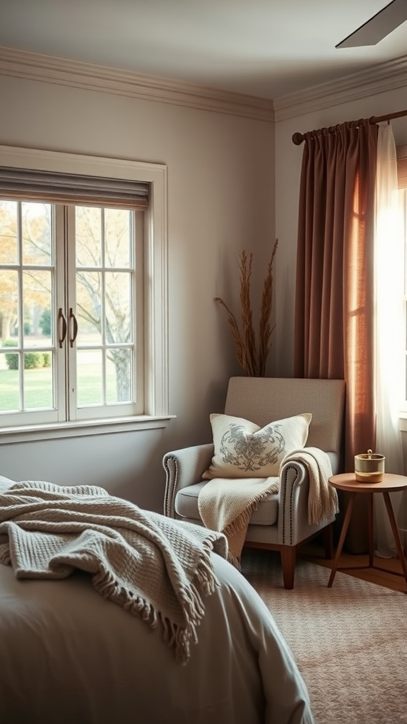 A cozy reading nook with a comfortable chair, soft blankets, and warm lighting.