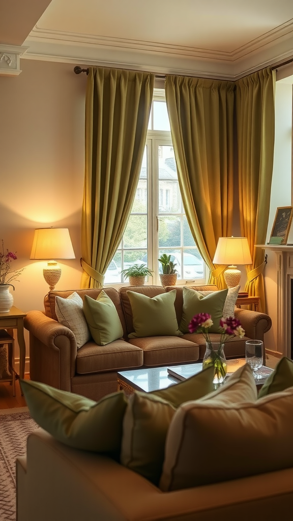 A cozy living room featuring sage green accents in pillows and curtains, with soft lighting.