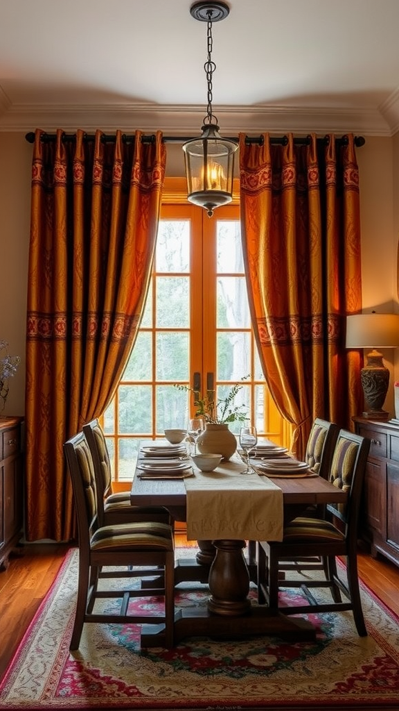 A cozy dining room with textured curtains and a wooden table set.