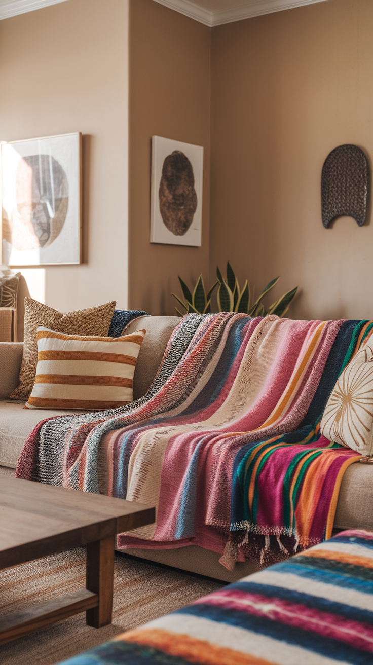 Colorful throw blankets draped over a sofa in a cozy living room setting.