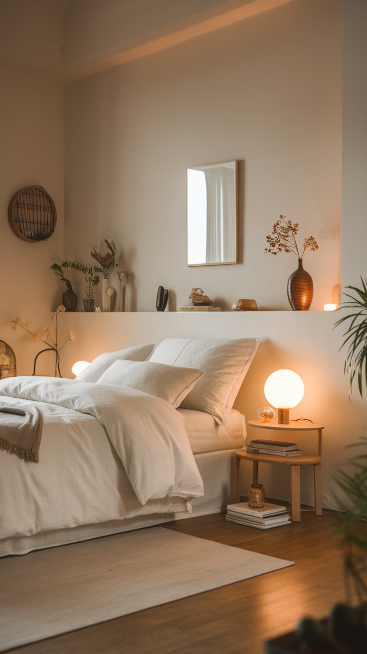 A serene bedroom with soft bedding, warm lighting, and tasteful decor.