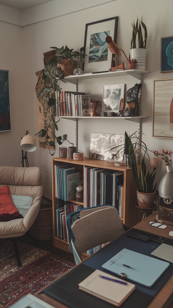 A cozy home office space with plants, bookshelves, and a comfortable chair.