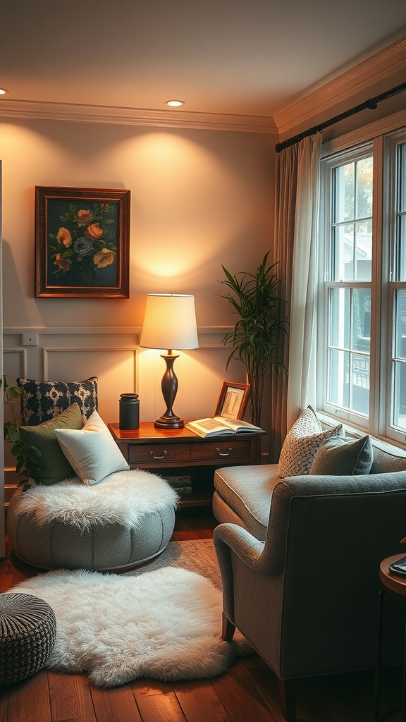 A cozy reading nook featuring a comfortable chair, fluffy rug, and soft lighting.