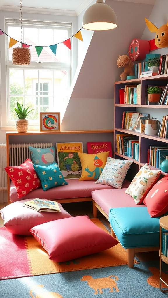 A colorful reading nook for kids with cozy pillows, bookshelves, and cheerful decorations.