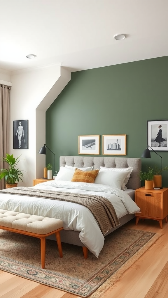 A cozy bedroom with sage green accent wall, neutral bedding, and wooden furniture.