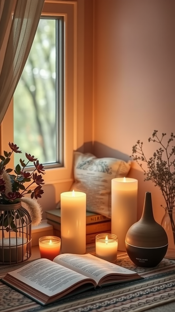 A cozy corner with candles, a diffuser, and a book, creating a warm atmosphere.