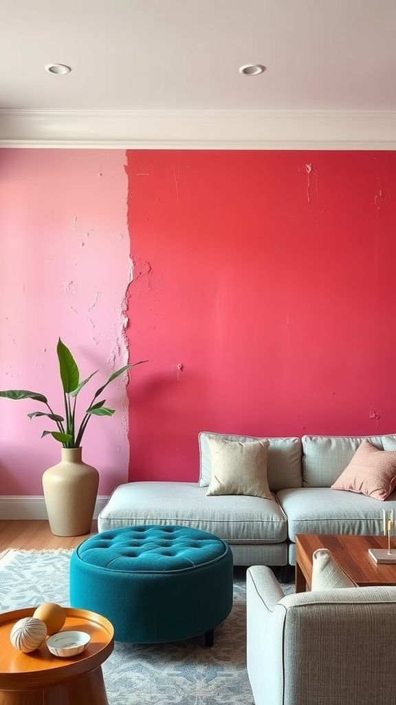 Colorful statement wall with various paint textures in a cozy living room setting.