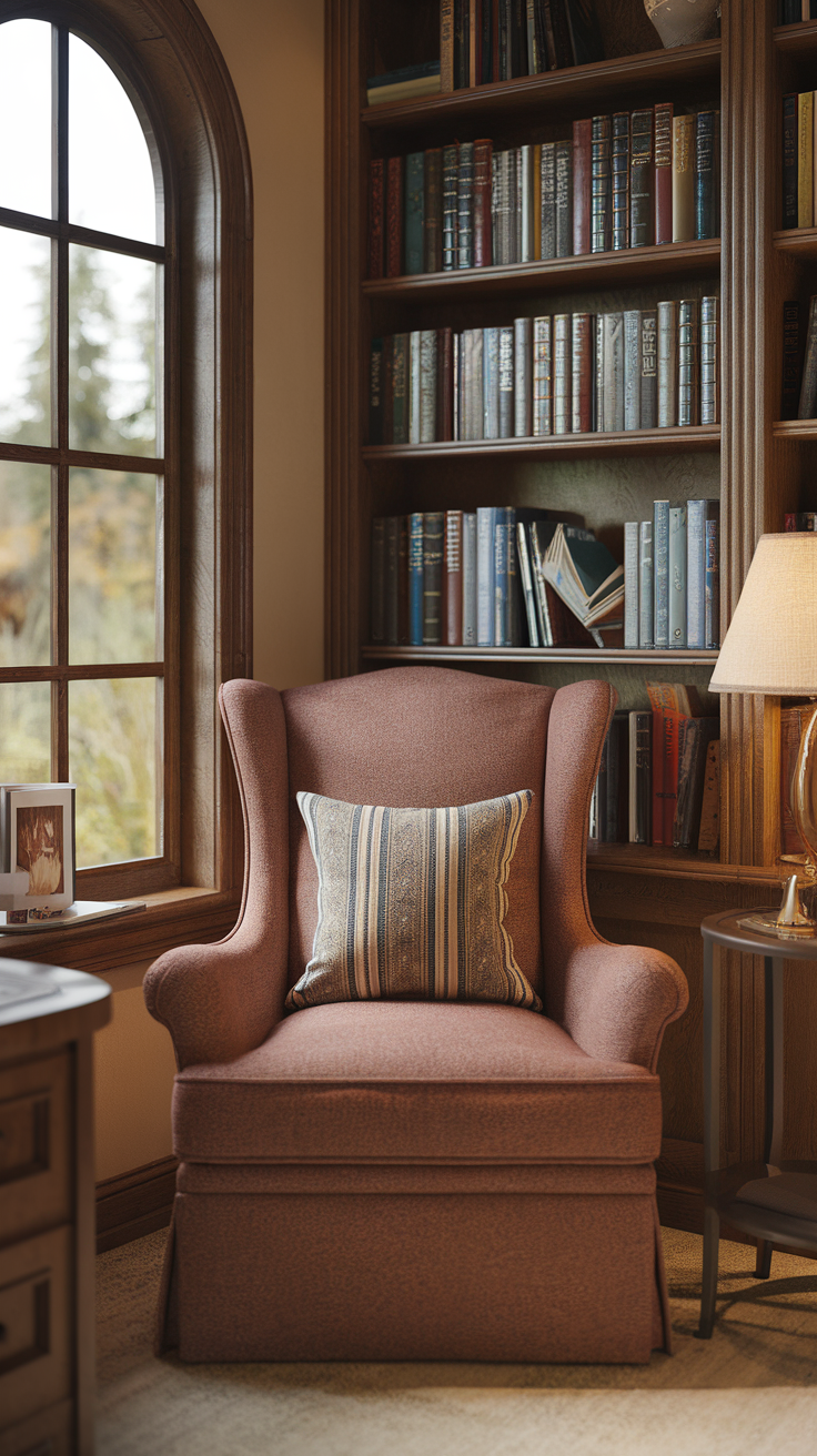 A cozy reading nook featuring a comfortable chair, bookshelves filled with books, and a warm lamp.