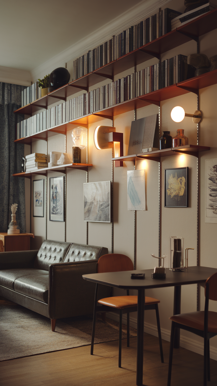 A cozy living room featuring wall-mounted shelves with books, decor, and artwork.