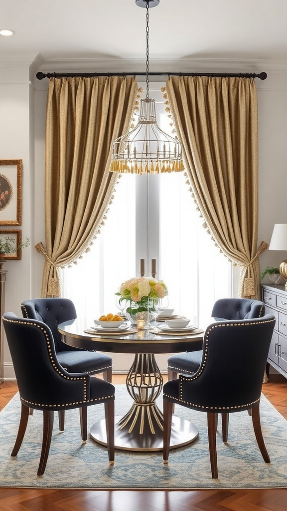 Elegant dining area featuring curtains with tassels framing a bright window.