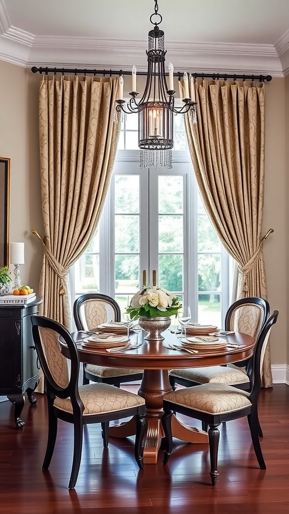 Elegant curtains with unique tiebacks in a dining room setting