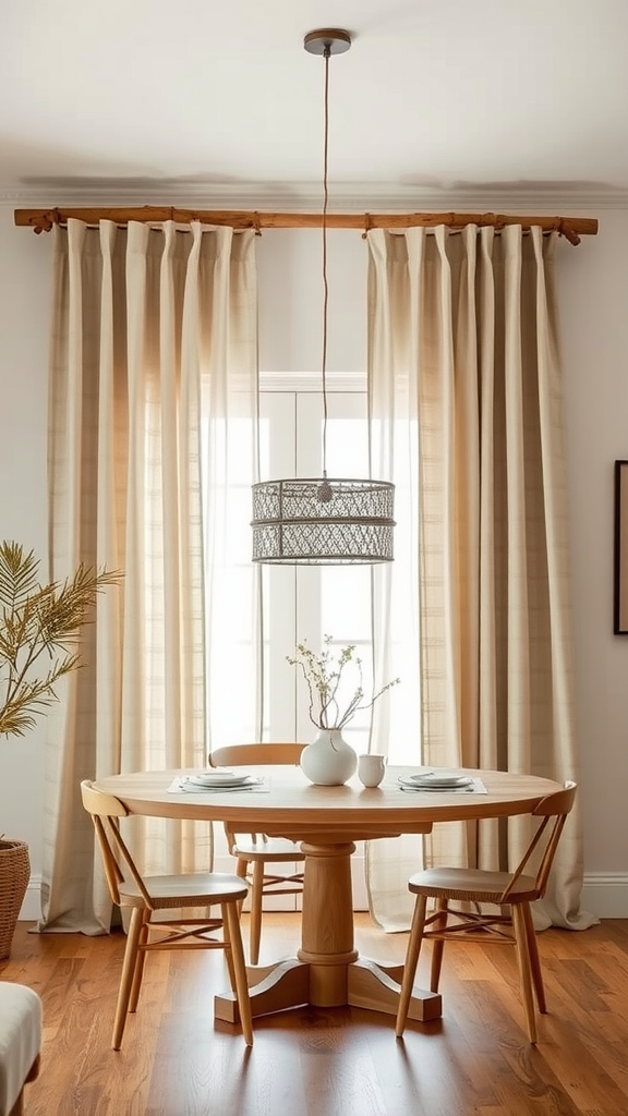 A cozy dining area featuring wooden rod curtains, a round table, and stylish decor.