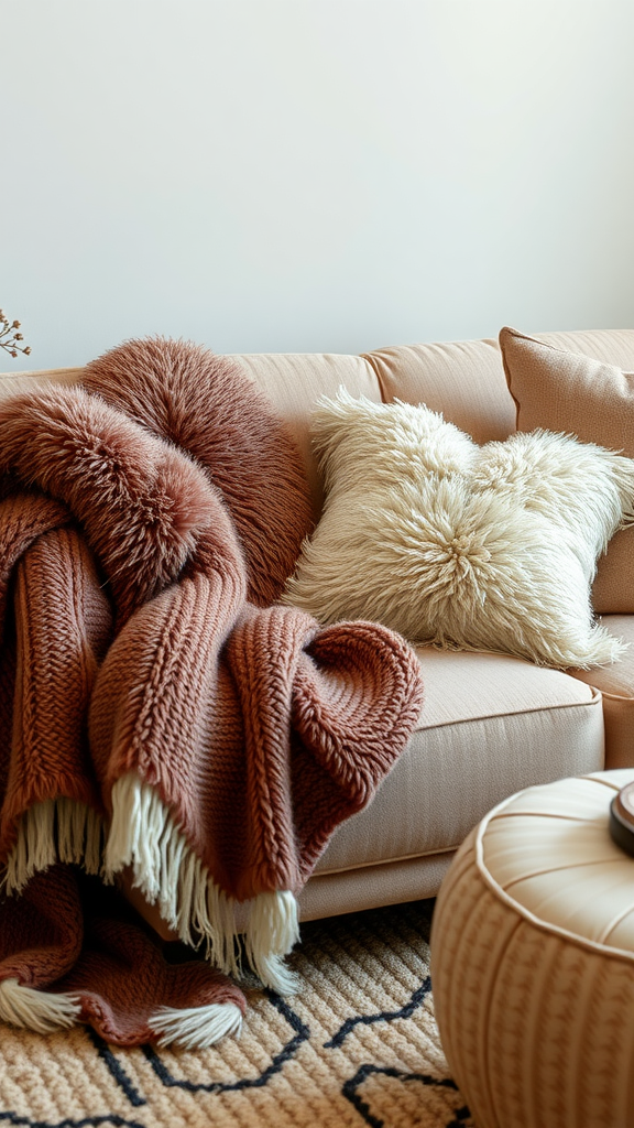 Cozy couch with a fluffy throw blanket and soft cushions