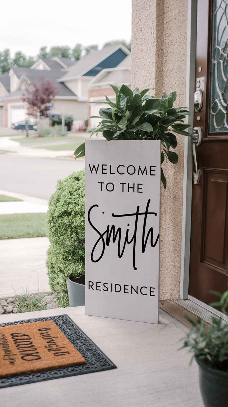 A customized welcome sign at a home's entrance with the name 'Smith' displayed.