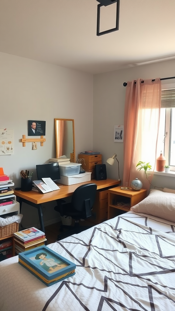 A cozy bedroom featuring a neatly made bed, white curtains, and organized furniture.